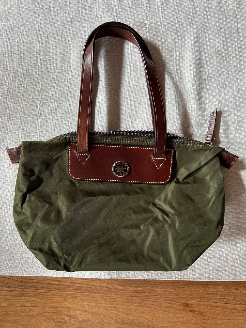 Dooney & Bourke Olive Green Nylon Mini Tote with Brown Leather Trim